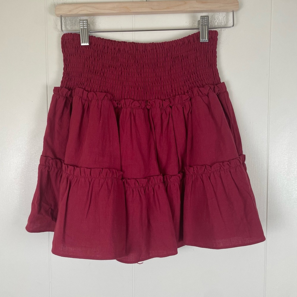 J. Marie Red Ruffle Tiered Mini Skirt Smocked Waist Skort Lined S